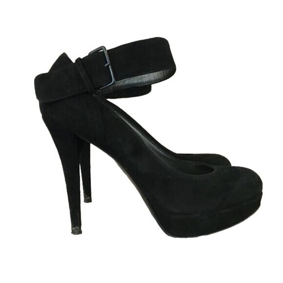 Stuart Weitzman Size 7.5 Black Suede Ankle Strap Platform Pumps High Heels Shoes - Picture 1 of 8